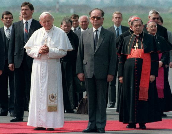 Pope John Paul II accompanied by Polish Premier Ge