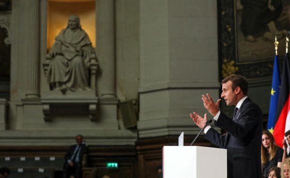 French President Emmanuel Macron delivers a speech to set out plans for reforming the European Union at the Sorbonne in Paris
